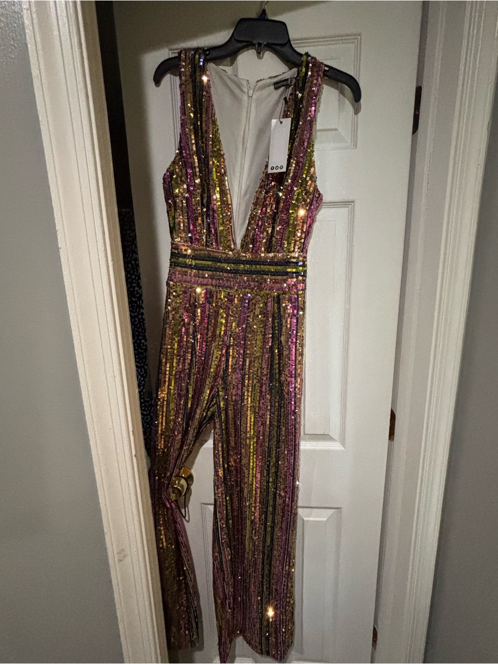 Boohoo Metallic Pink & Gold Sequin Deep V Jumpsuit